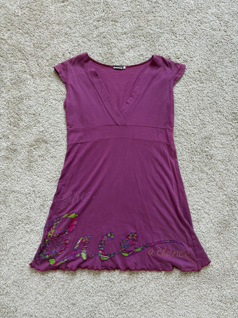 Y2K Jayli Purple Peace Graphic Empire Waist Tunic Top Boho Indie Hippie Artsy M